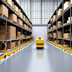 **Efficient e-commerce warehouse:** Automated robots and conveyor belts sorting packages in a clean, organized warehouse for a small business. Focus on speed and technology.