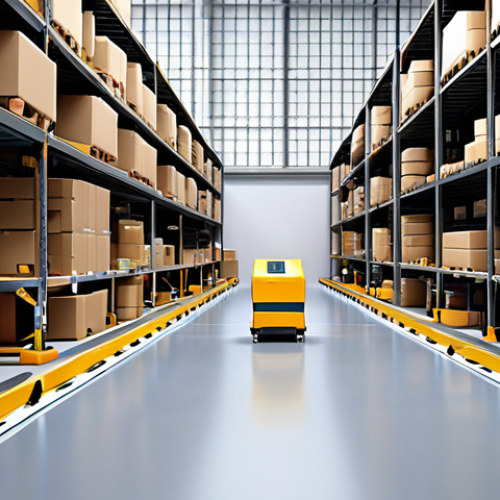 Home 23 **Efficient e-commerce warehouse:** Automated robots and conveyor belts sorting packages in a clean, organized warehouse for a small business. Focus on speed and technology.