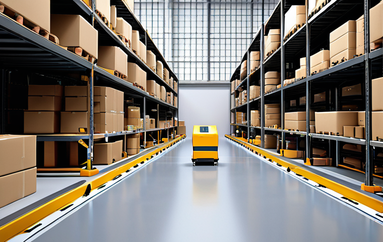 **Efficient e-commerce warehouse:** Automated robots and conveyor belts sorting packages in a clean, organized warehouse for a small business. Focus on speed and technology.