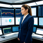 A professional female logistics manager in a modern, well-lit control room, dressed in a modest business suit. She is focused on multiple large digital screens displaying complex global supply chain data, customs regulations dashboards, and real-time shipment tracking maps. Her posture is natural and professional. The environment emphasizes technology and efficiency. The image conveys the essence of understanding digital transformation in customs clearance. fully clothed, appropriate attire, modest clothing, safe for work, appropriate content, professional, perfect anatomy, correct proportions, natural pose, well-formed hands, proper finger count, natural body proportions, professional photography, high quality.