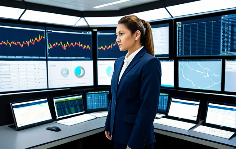 A professional female logistics manager in a modern, well-lit control room, dressed in a modest business suit. She is focused on multiple large digital screens displaying complex global supply chain data, customs regulations dashboards, and real-time shipment tracking maps. Her posture is natural and professional. The environment emphasizes technology and efficiency. The image conveys the essence of understanding digital transformation in customs clearance. fully clothed, appropriate attire, modest clothing, safe for work, appropriate content, professional, perfect anatomy, correct proportions, natural pose, well-formed hands, proper finger count, natural body proportions, professional photography, high quality.