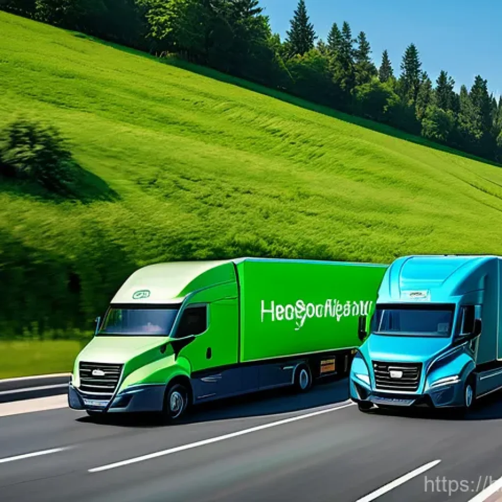 물류관리사와 친환경 물류 전략 - **Prompt:** A fleet of modern, sleek electric delivery trucks driving on a winding, eco-friendly hig...