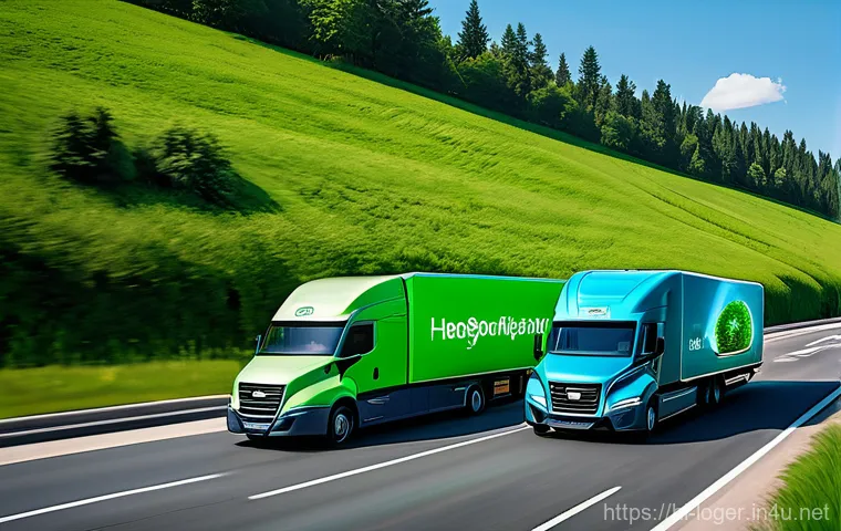 물류관리사와 친환경 물류 전략 - **Prompt:** A fleet of modern, sleek electric delivery trucks driving on a winding, eco-friendly hig...