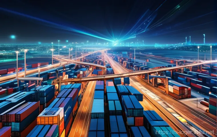 물류관리사와 국제물류의 관계 - **Global Logistics Network in Motion**
    "A stunning, high-angle panoramic shot showcasing a bustl...