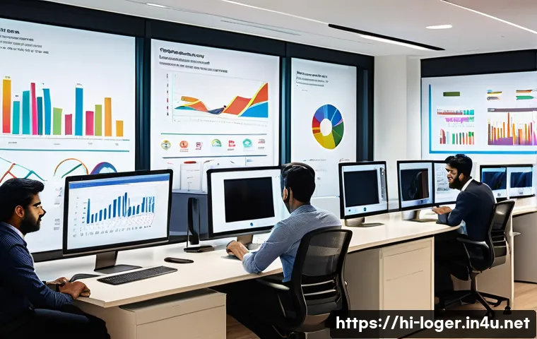 물류관리사 물류 수요 예측 - A modern office environment showing a diverse team of Indian professionals analyzing large digital d...