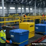 물류관리사 물류센터 안전 관리 - A bustling logistics center interior with workers wearing safety helmets, high-visibility jackets, a...