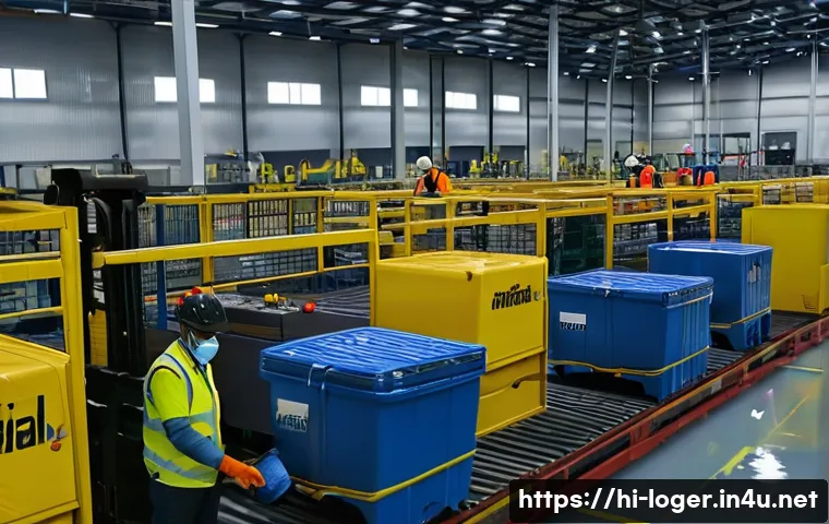 물류관리사 물류센터 안전 관리 - A bustling logistics center interior with workers wearing safety helmets, high-visibility jackets, a...