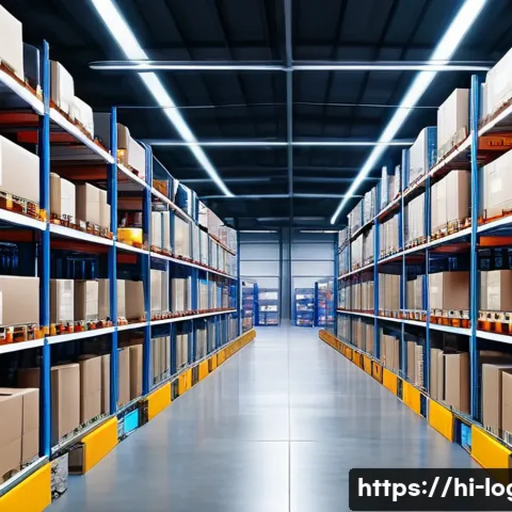 물류관리사 물류 시스템 관리 - A modern logistics warehouse interior showcasing advanced automation technology, featuring automated...
