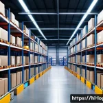물류관리사 물류 시스템 관리 - A modern logistics warehouse interior showcasing advanced automation technology, featuring automated...