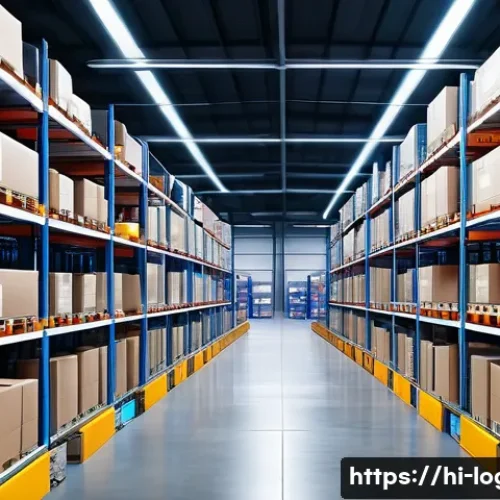 물류관리사 물류 시스템 관리 - A modern logistics warehouse interior showcasing advanced automation technology, featuring automated...