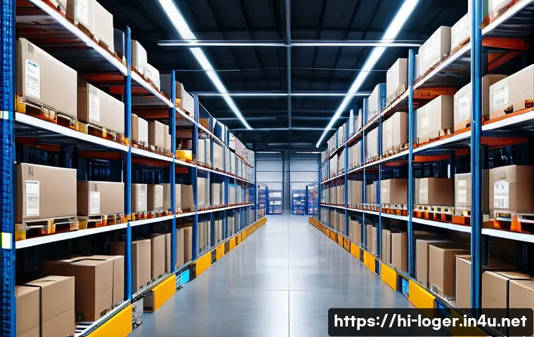 물류관리사 물류 시스템 관리 - A modern logistics warehouse interior showcasing advanced automation technology, featuring automated...