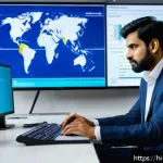 물류관리사 물류 시스템 최적화 - A modern supply chain control room filled with multiple large digital screens displaying real-time d...