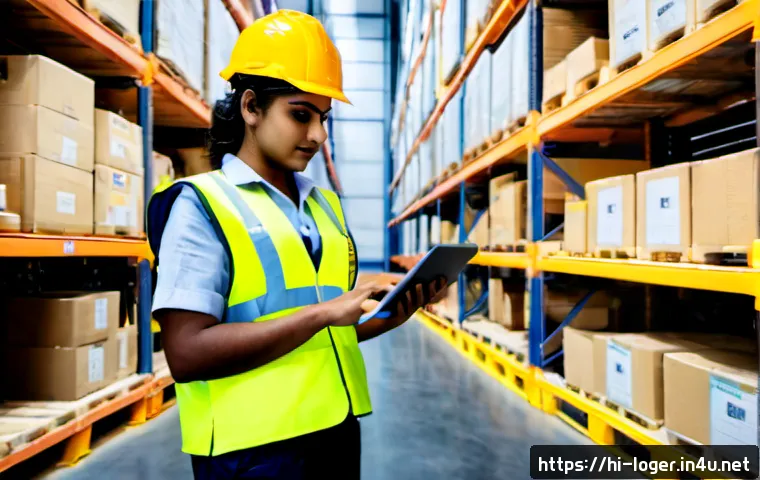물류관리사 자격증과 관련된 필수 기술 - Photorealistic modern warehouse training scene in India, confident Indian logistics professional wea...